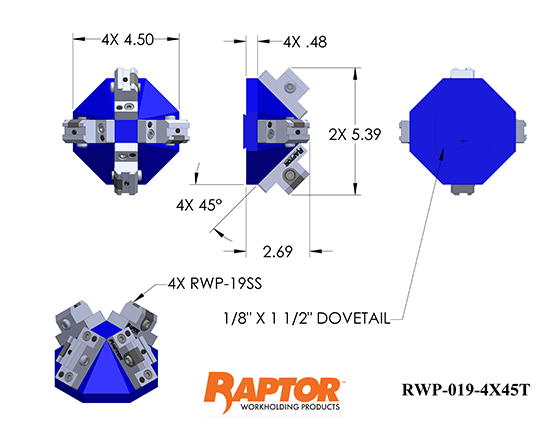 Raptor RWP-019-4X45T 45 degree tombstone 4 RWP-019SS Dovetail Fixtures with 1.5