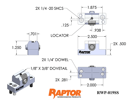 Raptor RWP-019-4X90T 90 degree tombstone 4 RWP-019SS Dovetail Fixtures with 1.5