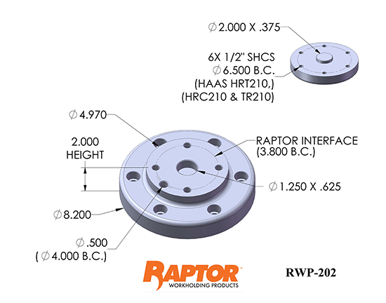 Raptor RWP-202 Aluminum Adapter Haas TR210, HRT210, HRC210 8.200